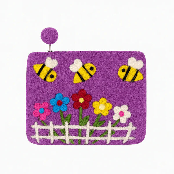 Flower and Bees Felted Coin Purse