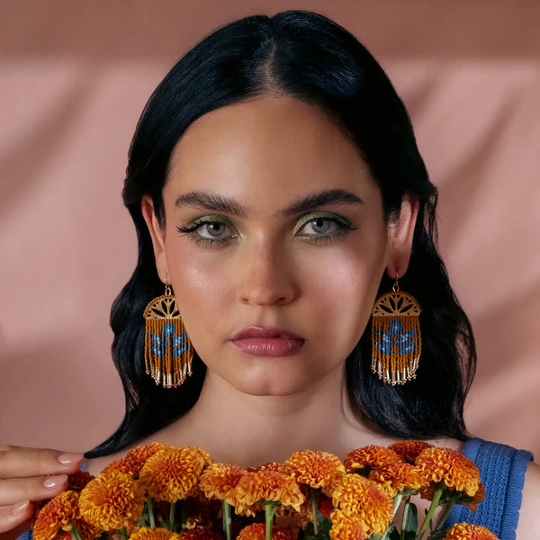 Beaded Handwoven Lotus Fringe Earrings