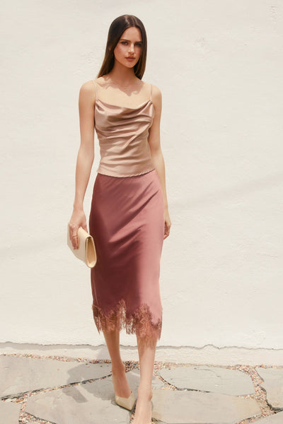 Dull Satin Lace Hem Pencil Skirt