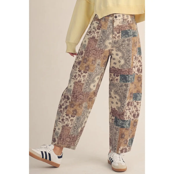 Patchwork Print Barrel Pants