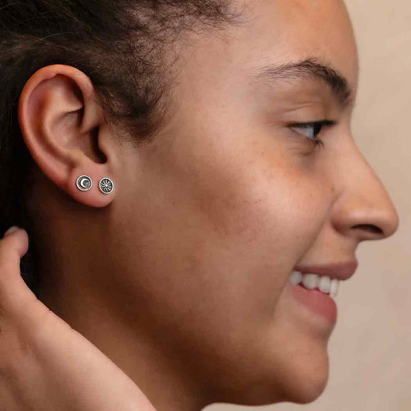 Silver Raised Sun and Moon Post Earrings