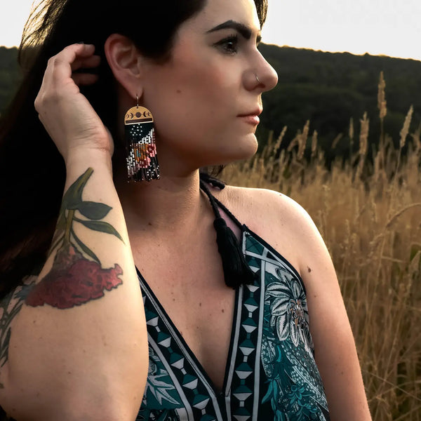 Beaded Handwoven Moonlit Moth Fringe Earrings