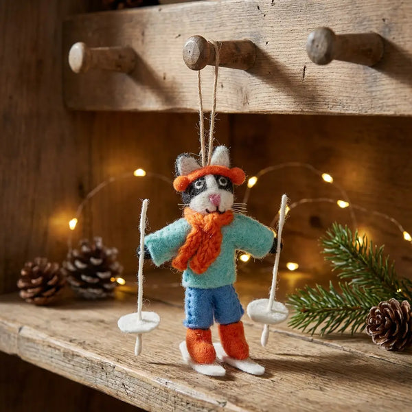 Alpine Feline Skiing Ornament