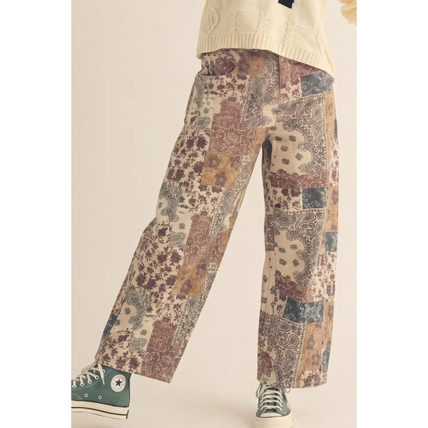 Patchwork Print Barrel Pants