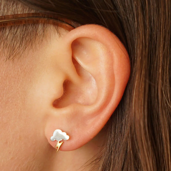 Cloud Post Earrings with Bronze Lightning