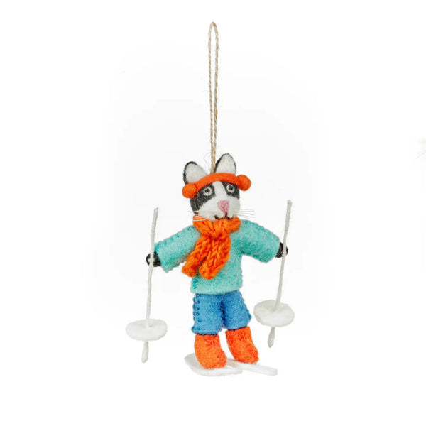 Alpine Feline Skiing Ornament