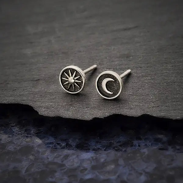 Silver Raised Sun and Moon Post Earrings