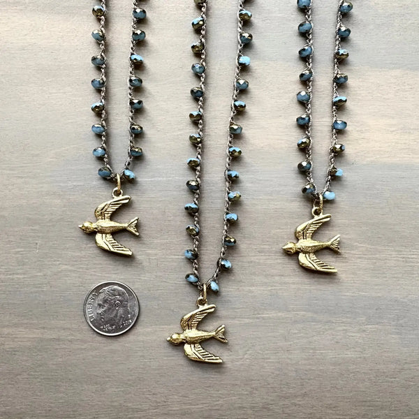 Golden Wing Fly Away Bird Necklace