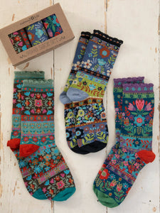 Blue Floral Boxed Boho Sock Set