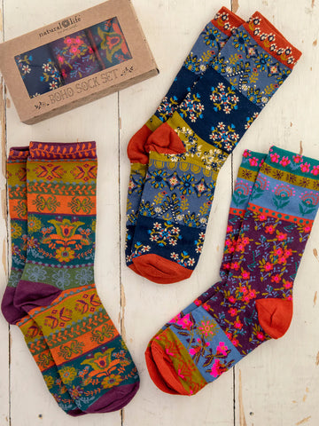 Plum Floral Boxed Boho Sock Set