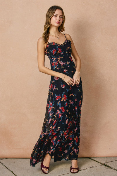 In A Mood Chiffon Ruffle Flared Maxi Dress