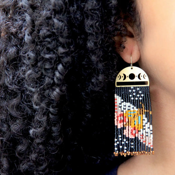 Beaded Handwoven Moonlit Moth Fringe Earrings
