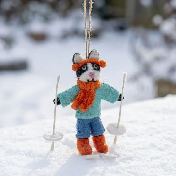 Alpine Feline Skiing Ornament