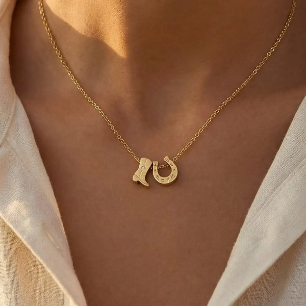 Cowboy Boots Horse Shoe Charm Necklace