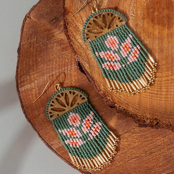 Beaded Handwoven Lotus Fringe Earrings
