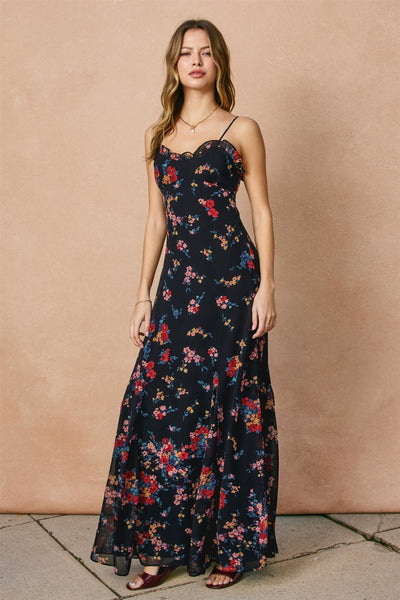In A Mood Chiffon Ruffle Flared Maxi Dress