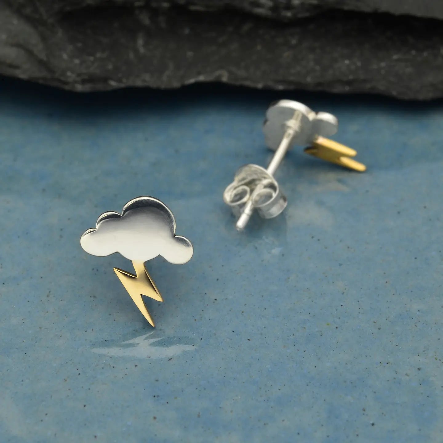 Cloud Post Earrings with Bronze Lightning