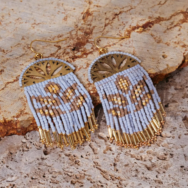 Beaded Handwoven Lotus Fringe Earrings